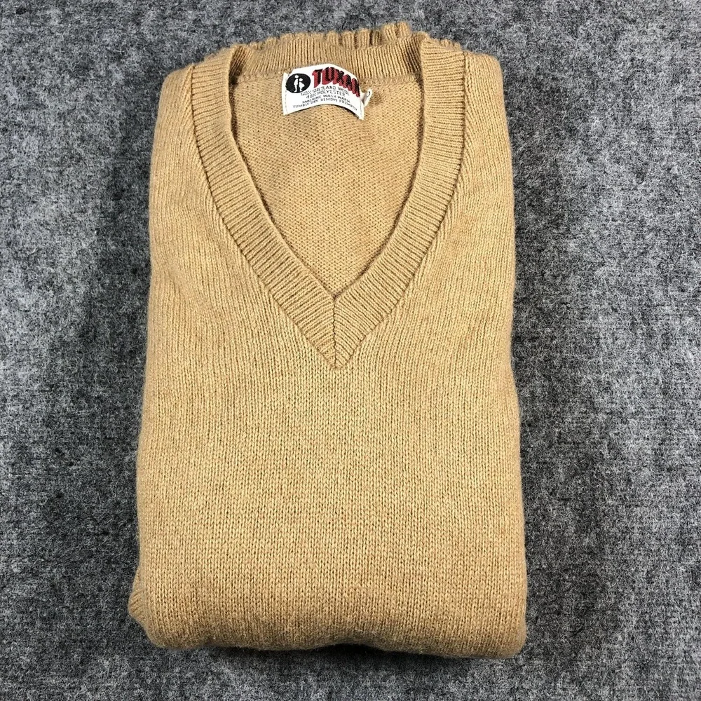 Tuxan Sweater Mens XLL‎ Tan V-Neck Shetland Wool Blend Knit Pullover Ribbed Vtg